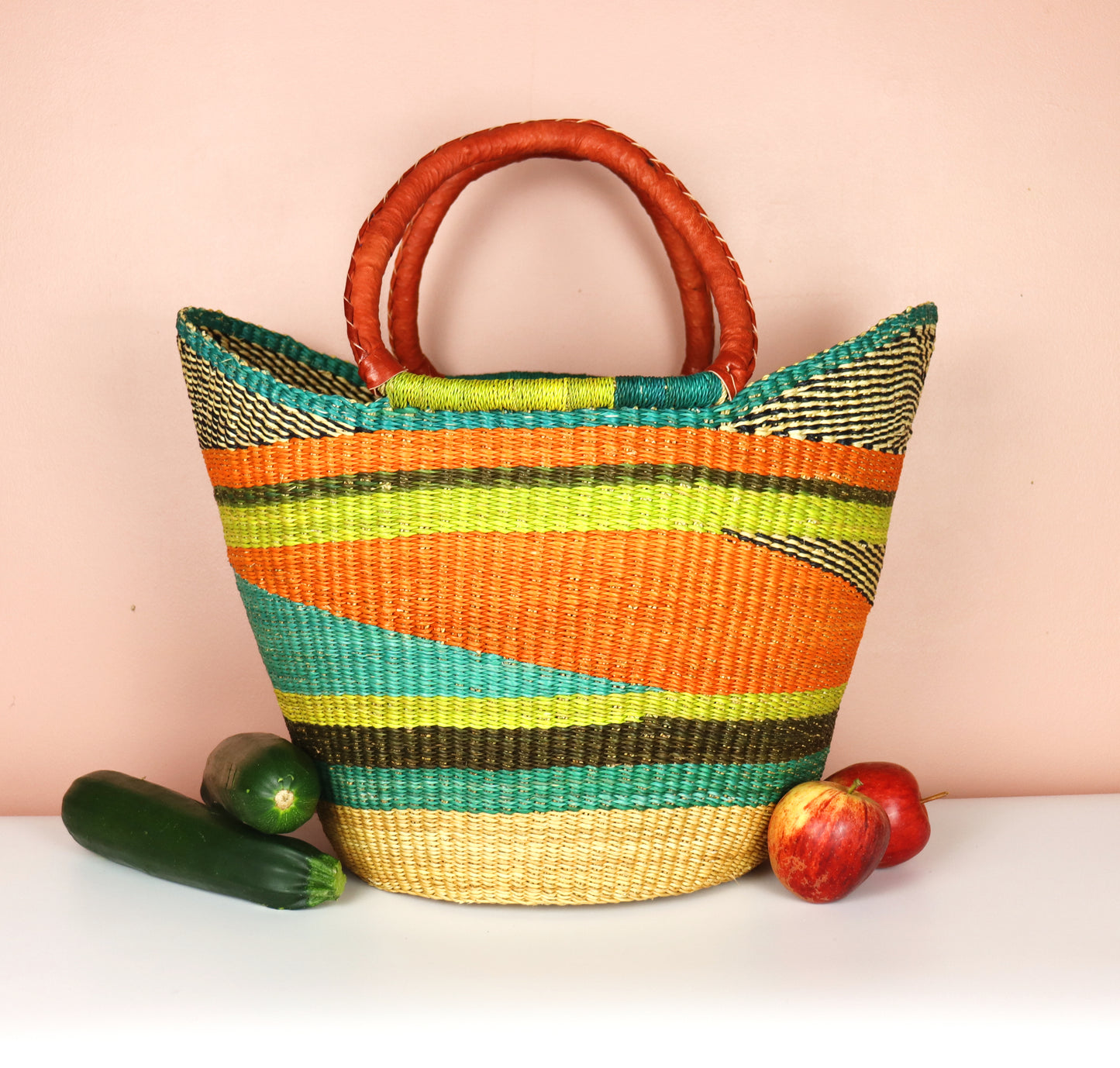 Orange, Turquoise, Natural Brown Open Weave Bolga Tote Bag