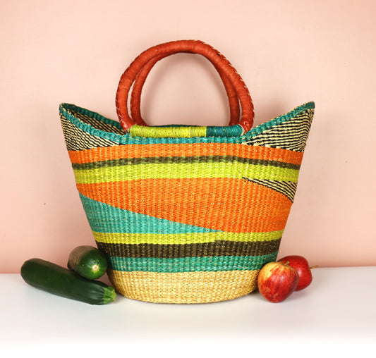 Orange, Turquoise, Natural Brown Open Weave Bolga Tote Bag