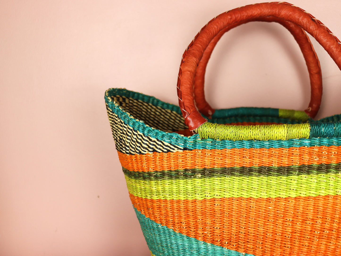 Orange, Turquoise, Natural Brown Open Weave Bolga Tote Bag