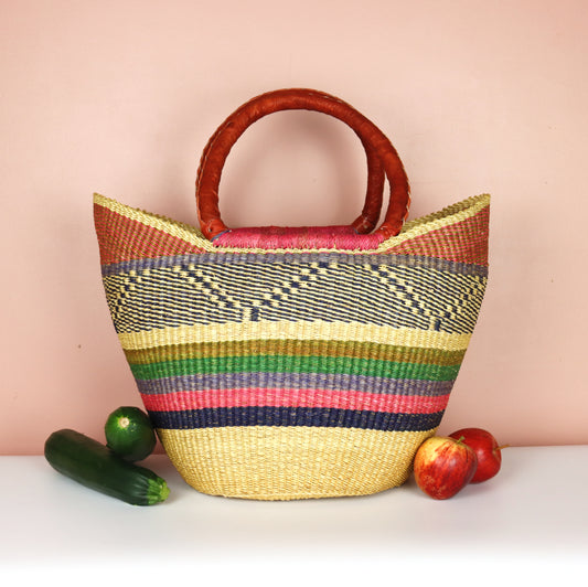 Pink, Green, Purple, Natural Brown Open Weave Bolga Tote Bag