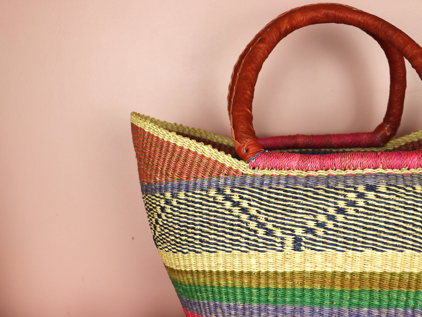 Pink, Green, Purple, Natural Brown Open Weave Bolga Tote Bag