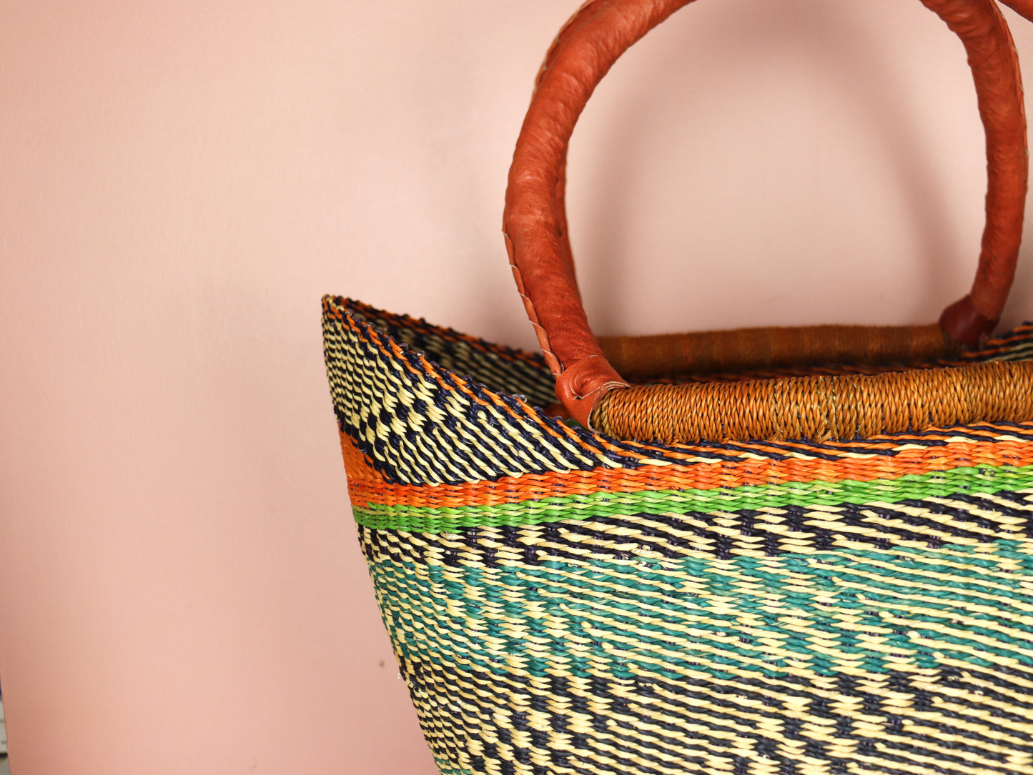 Turquoise, Black, Natural Brown Open Weave Bolga Tote Bag