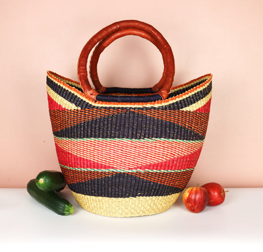 Red, Black, Natural Brown Open Weave Bolga Tote Bag