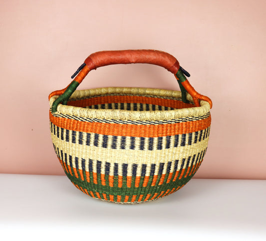 Green, Orange, Natural Brown Round Bolga Shopper Basket