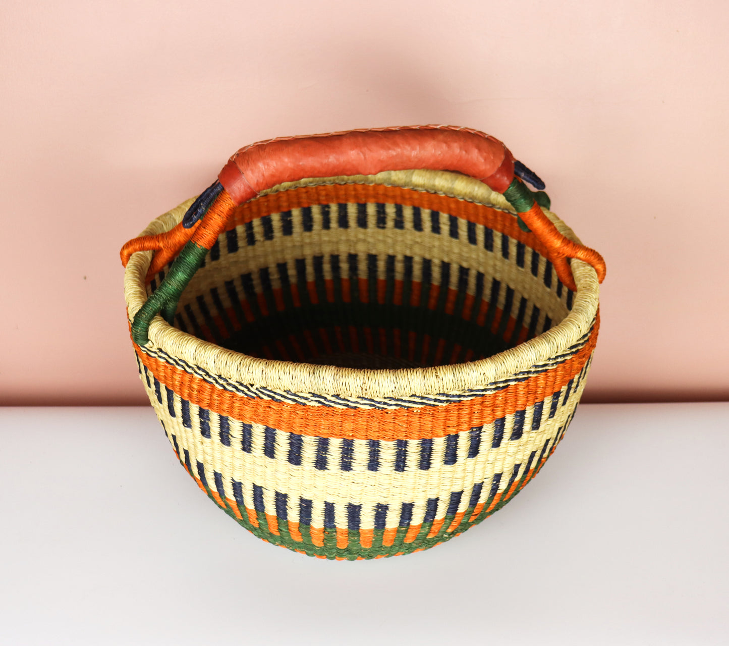 Green, Orange, Natural Brown Round Bolga Shopper Basket