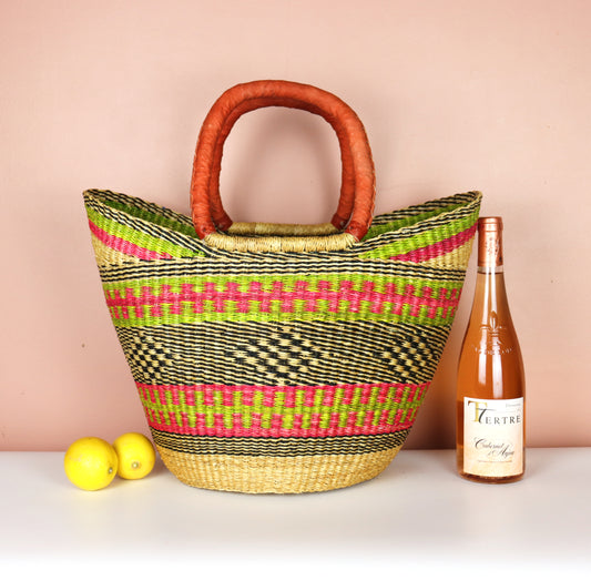 Pink, Lime Green Open Weave Bolga Tote Bag