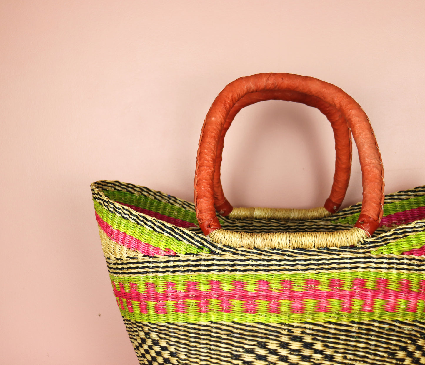 Pink, Lime Green Open Weave Bolga Tote Bag