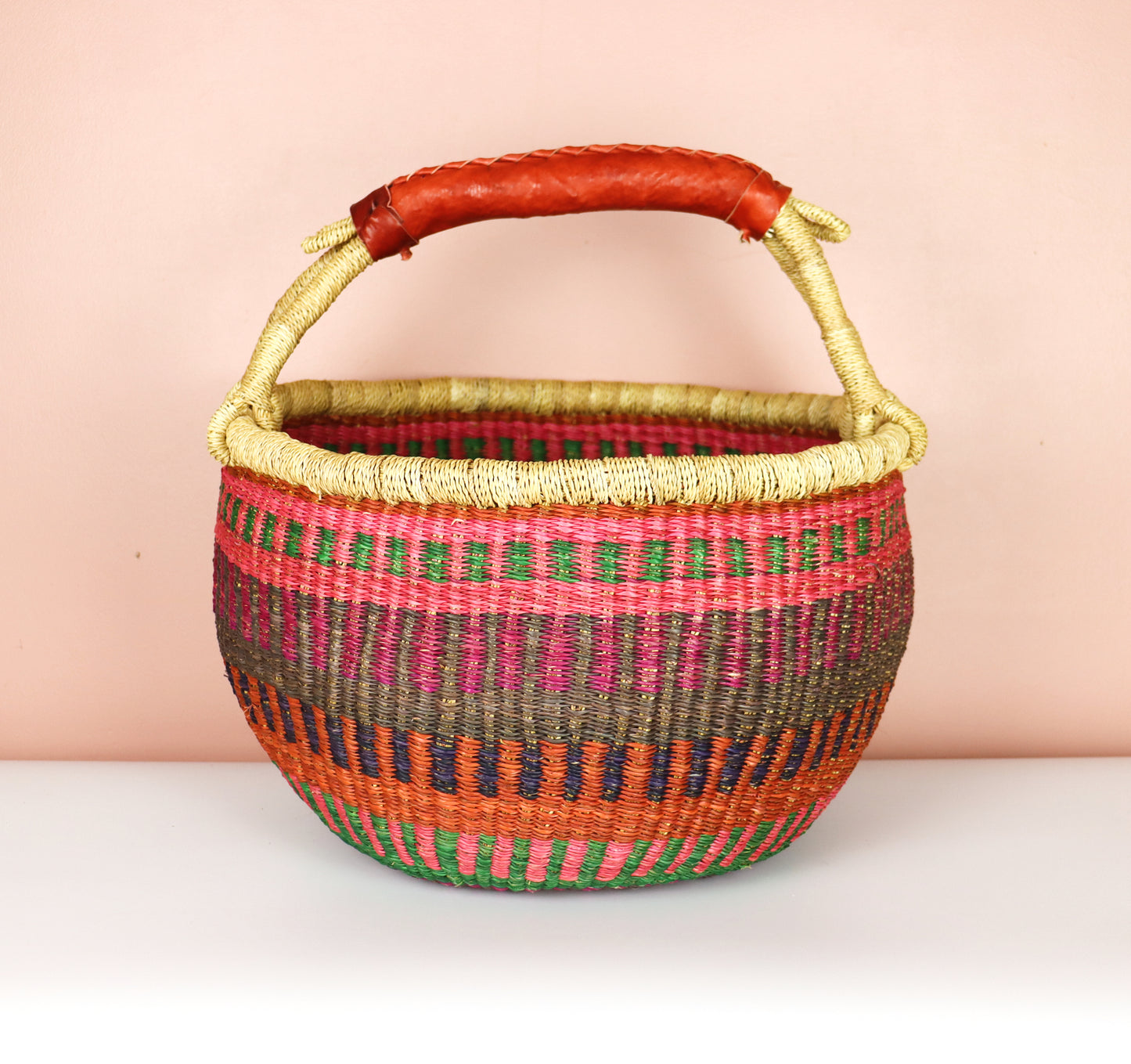 Pink shades Round Bolga Shopper Basket