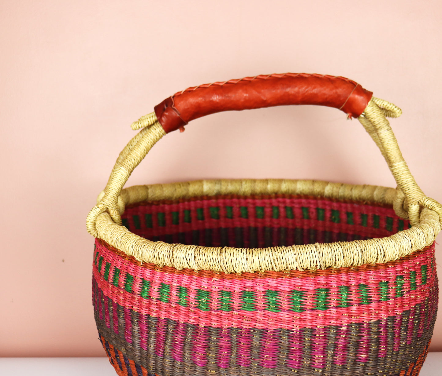 Pink shades Round Bolga Shopper Basket