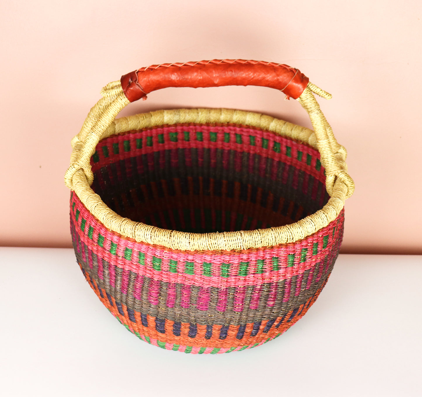 Pink shades Round Bolga Shopper Basket