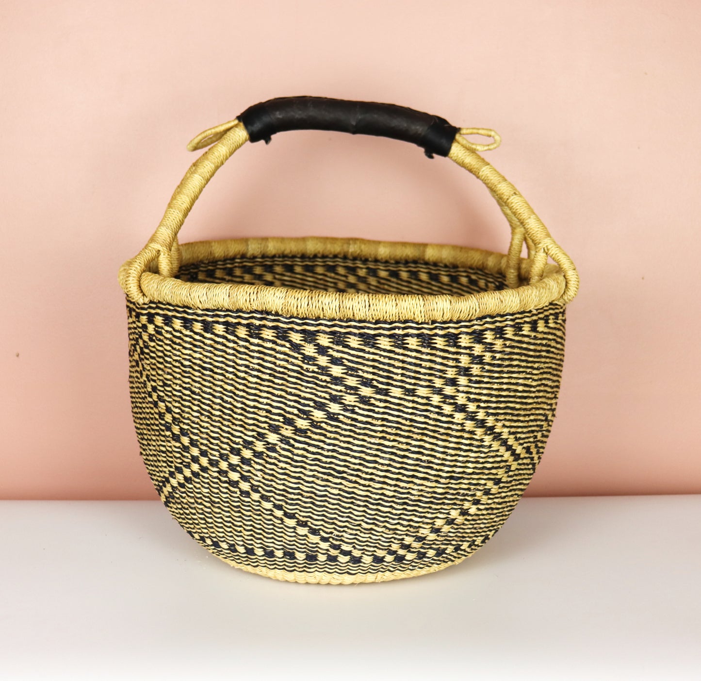 Natural Brown, Black Round Bolga Basket