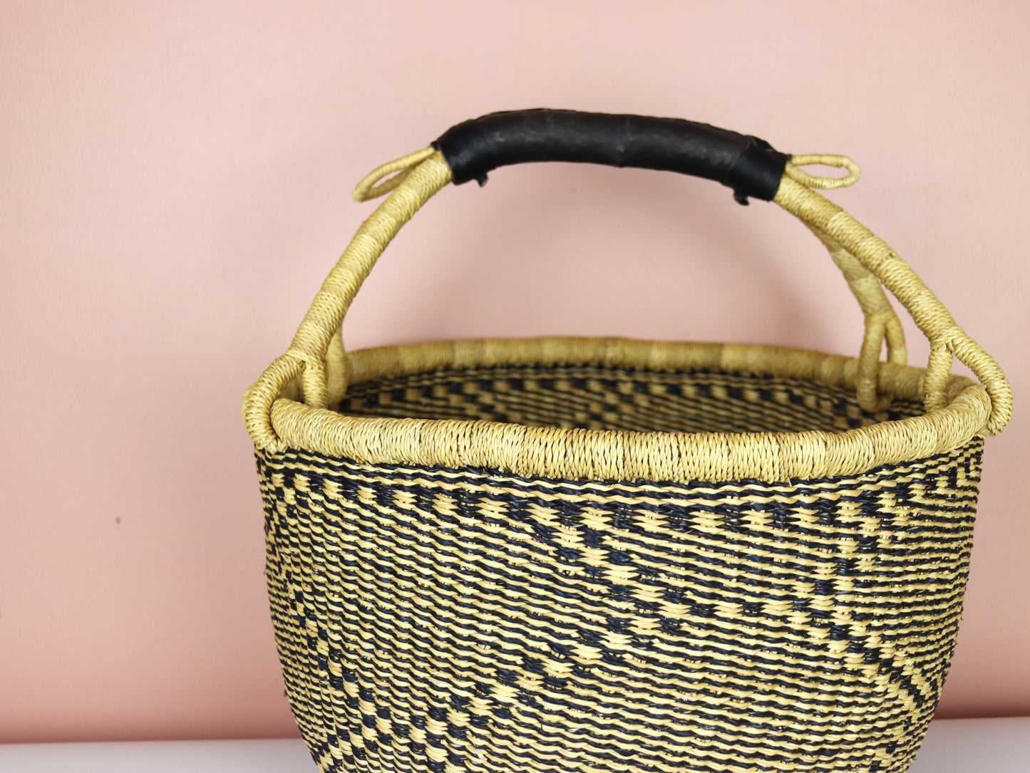 Natural Brown, Black Round Bolga Basket