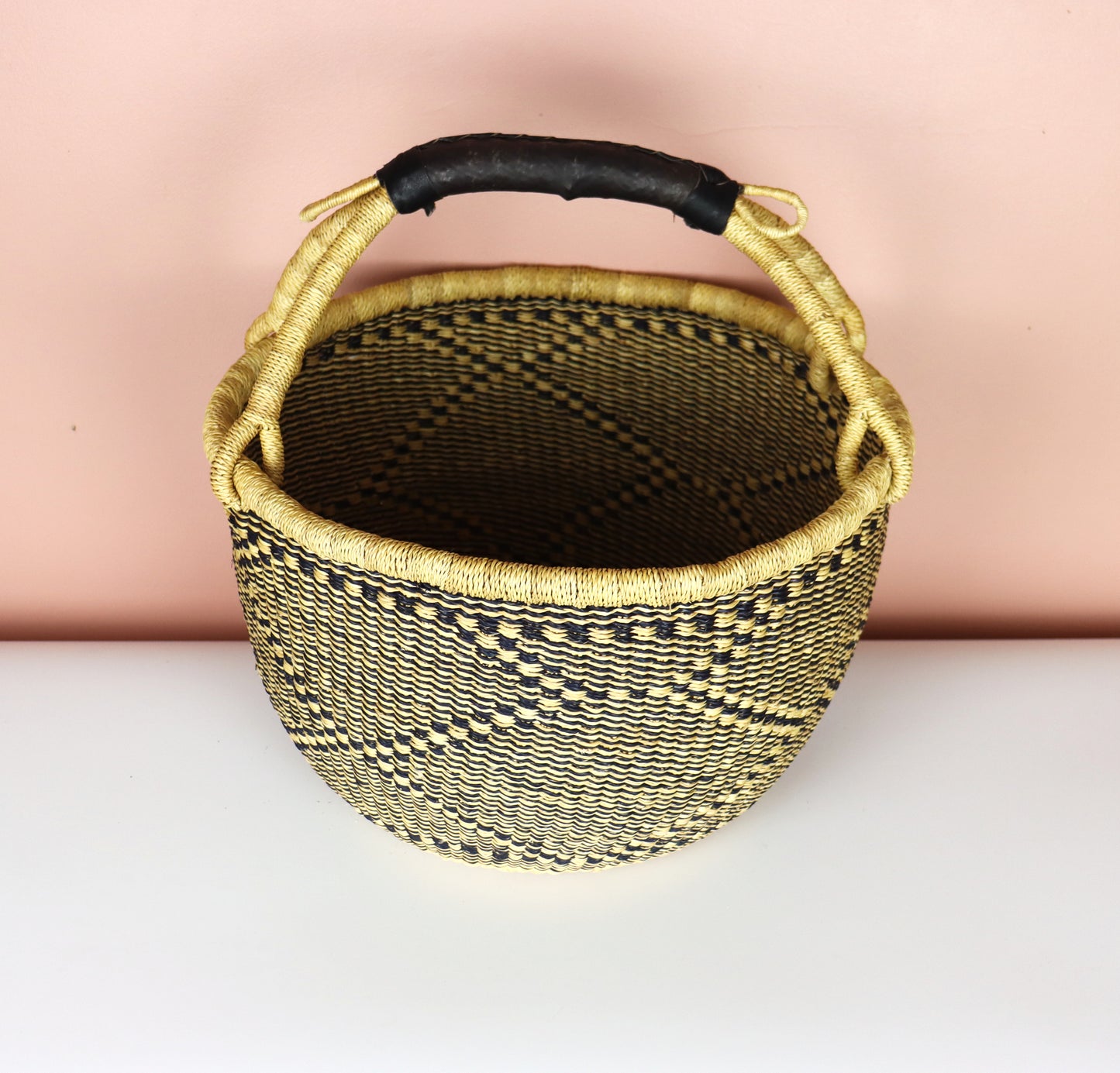 Natural Brown, Black Round Bolga Basket