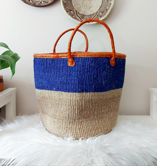 Grand panier à linge en sisal bleu et marron